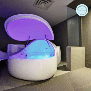 A modern sensory deprivation float pod with a partially open lid emits soft purple light, situated in a sleek, tiled room with minimal decor. A circular SoulTuary logo appears in the top right corner.