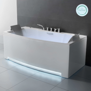 Modern white bathtub with sleek design, metallic fixtures, and built-in headrests, set against a dark tiled wall. Soft LED lighting glows from the base, creating a relaxing ambiance.