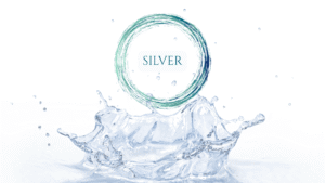 6 A circular green and blue brushstroke surrounds the word SILVER, positioned above a dramatic splash of water on a white background.