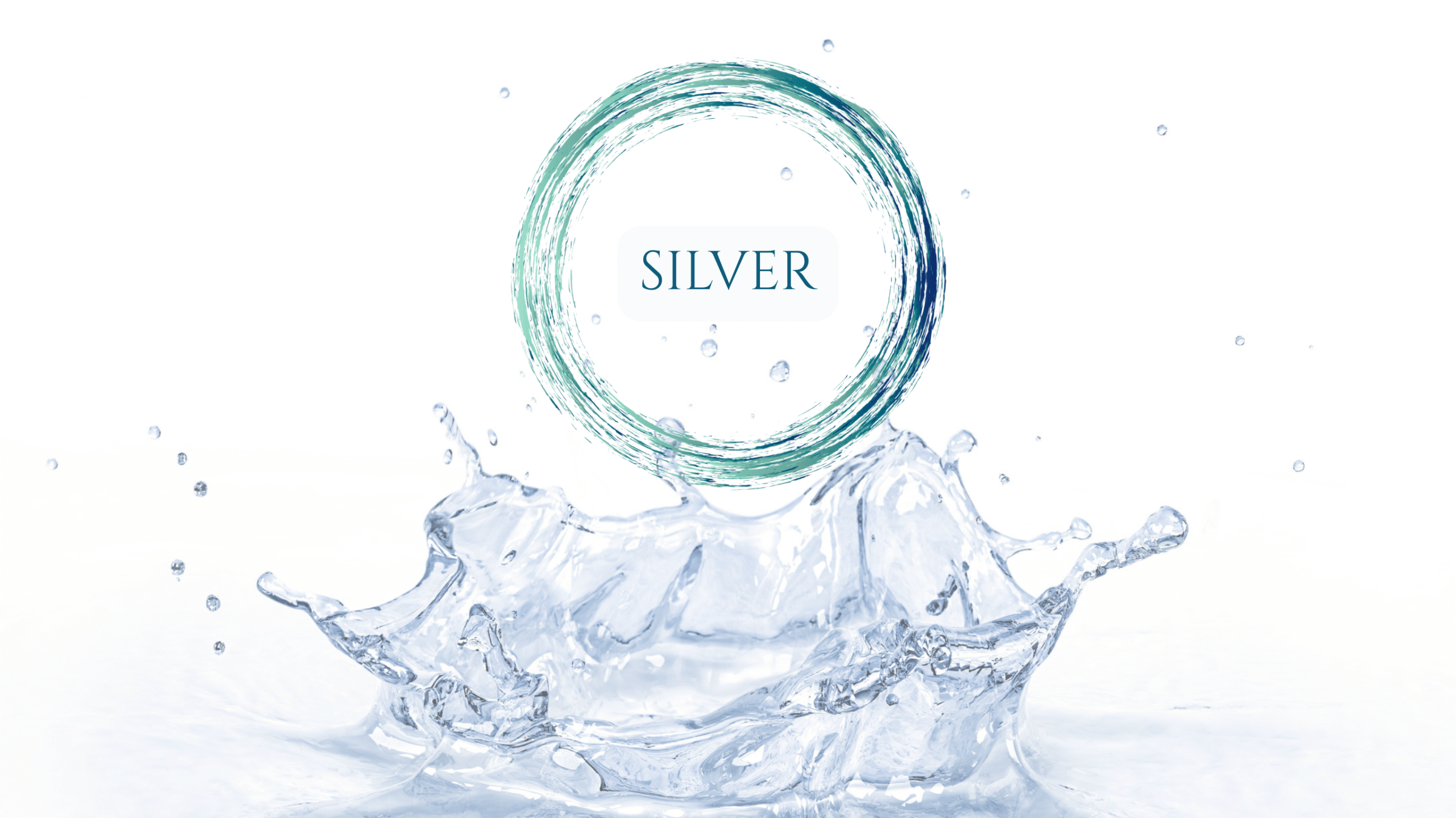 A circular green and blue brushstroke surrounds the word SILVER, positioned above a dramatic splash of water on a white background.