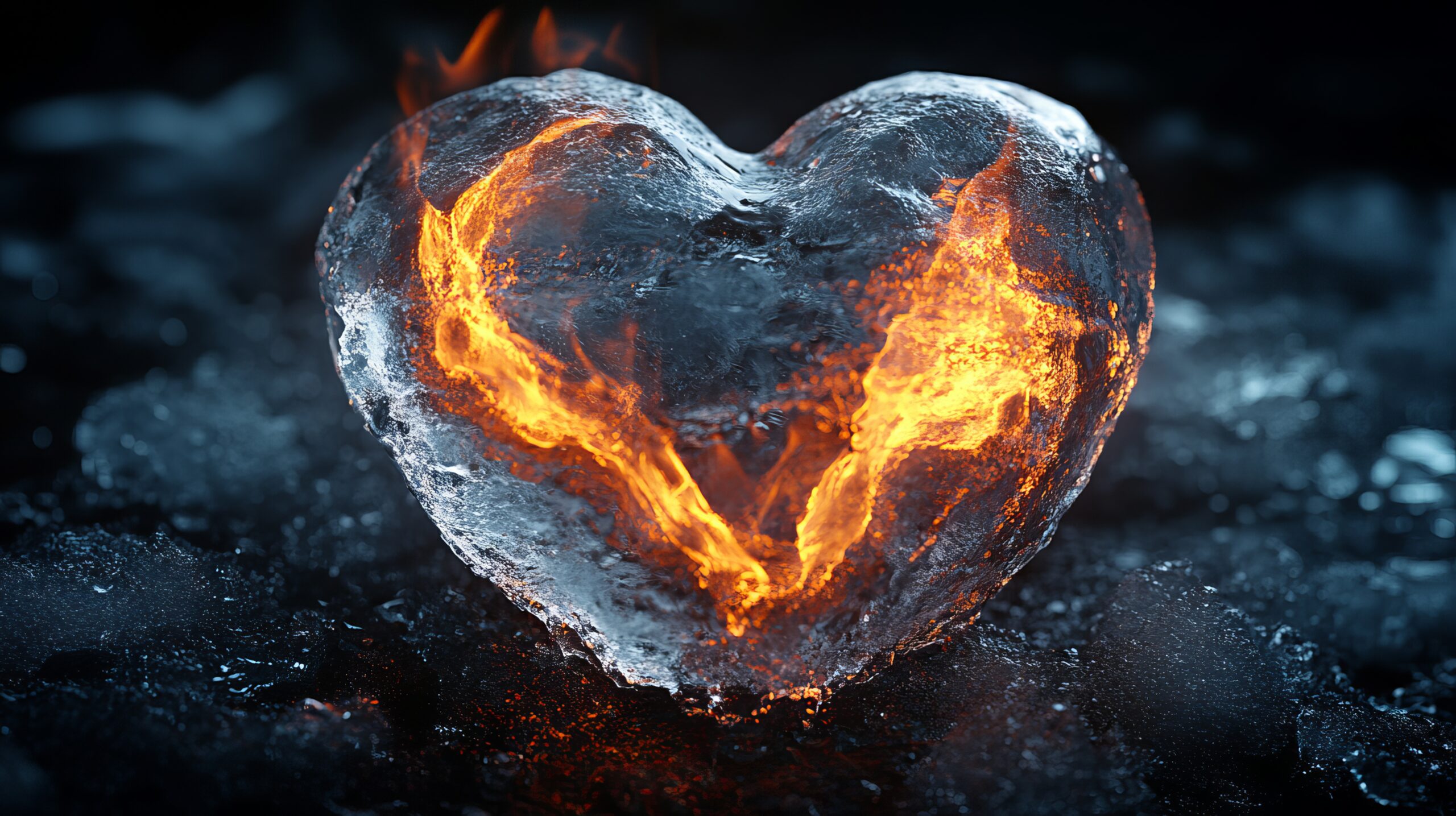 A heart shaped ice block with fire burning inside sitting on a dark icy surface in a close up shot A heart-shaped block of ice with bright orange flames burning inside, symbolizing a contrast between fire and ice. The background is dark, highlighting the fiery heart.