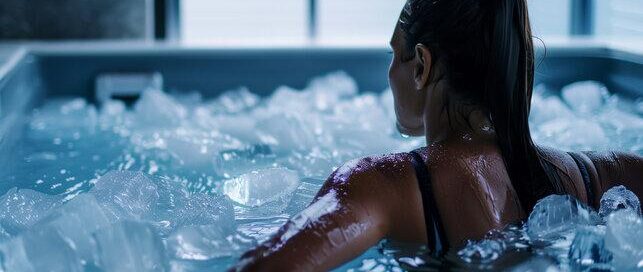 A woman in a black sports bra sits in a tub filled with ice and water, viewed from behind. Light shines through windows, highlighting the ice and her wet hair tied in a ponytail.