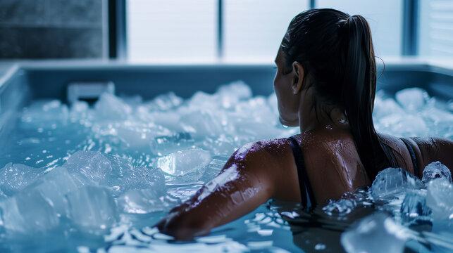 A woman in a black sports bra sits in a tub filled with ice and water, viewed from behind. Light shines through windows, highlighting the ice and her wet hair tied in a ponytail.