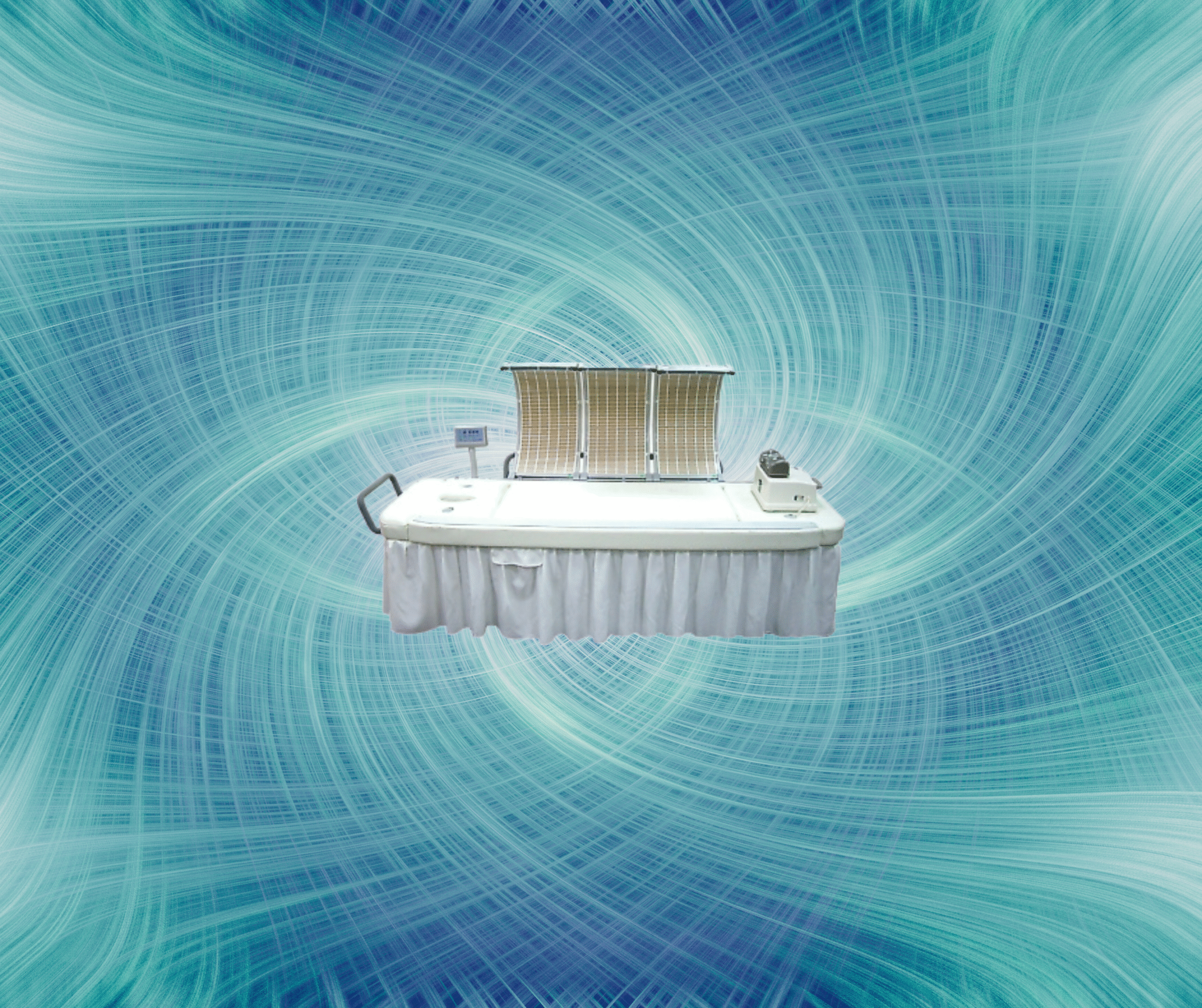 SOQI Bed (3) A white medical examination table with attached monitors sits centered against a swirling blue and green abstract background.