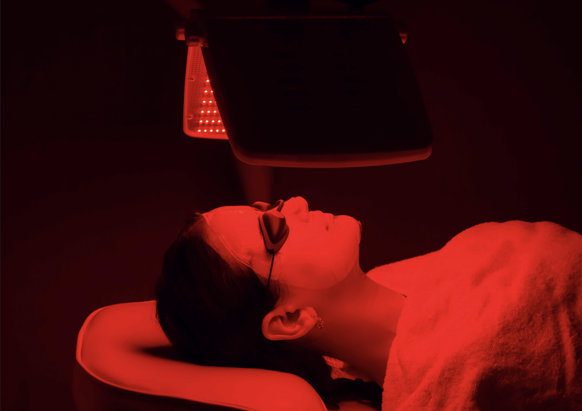 A person lies on a spa bed wearing protective goggles and a facial mask, illuminated by a red LED light therapy device above their face, in a dark room.